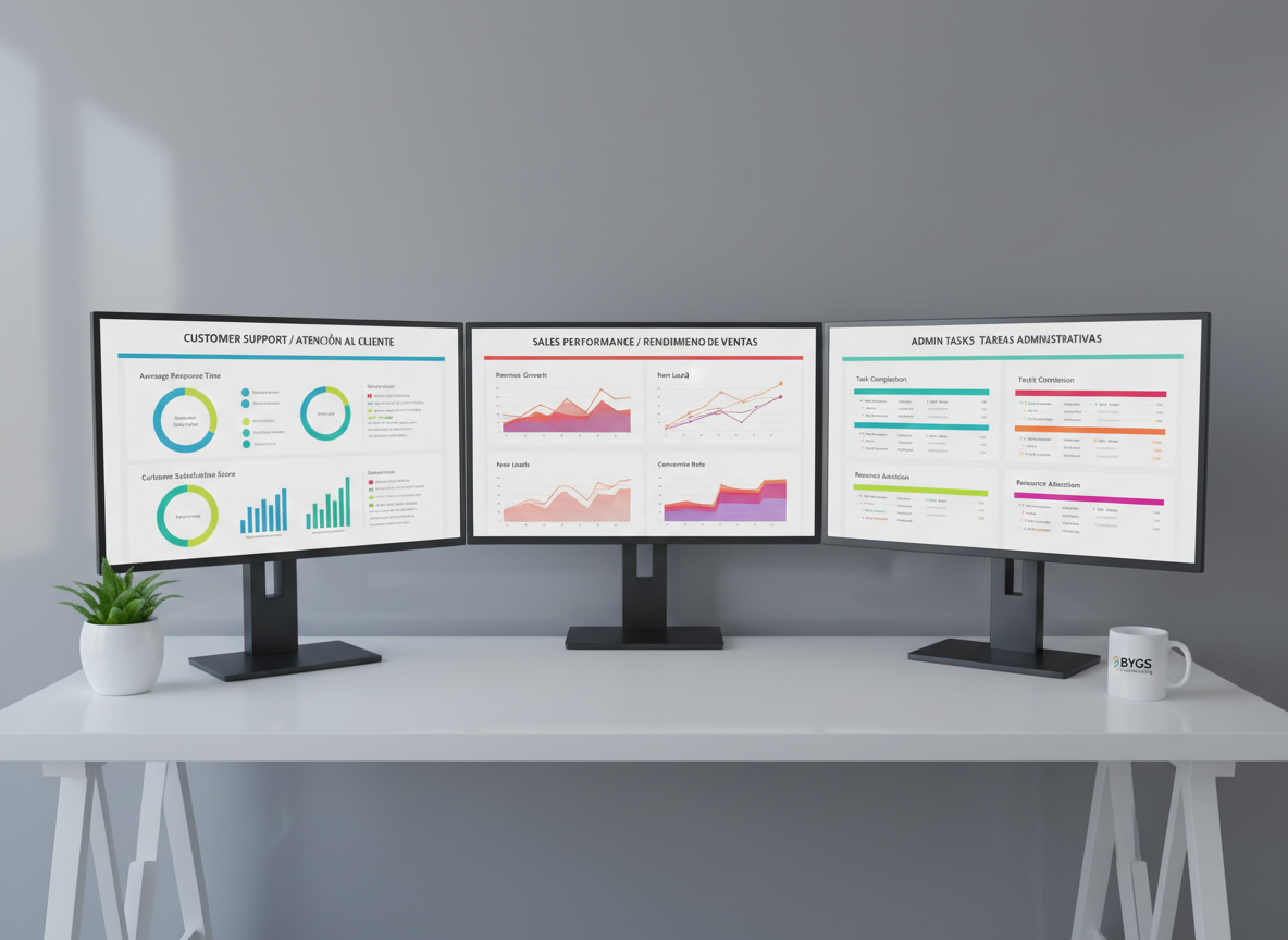 An organized remote staffing operations dashboard displayed across three ultra-wide monitors on a minimalist white desk, with no people present. The screens show colorful analytics for customer support, sales performance, and administrative task completion, with clear labels in Spanish and English. A small plant in a simple white pot and a discreet branded BYGS Outsourcing coffee mug add subtle warmth. The workspace is set against a neutral gray wall with a faint reflection of the screens. Soft, cool studio lighting from the side creates gentle gradients and a professional atmosphere. Photographic realism from a slightly elevated angle, with sharp focus throughout, emphasizes transparency, control, and the efficiency of outsourced staff management.