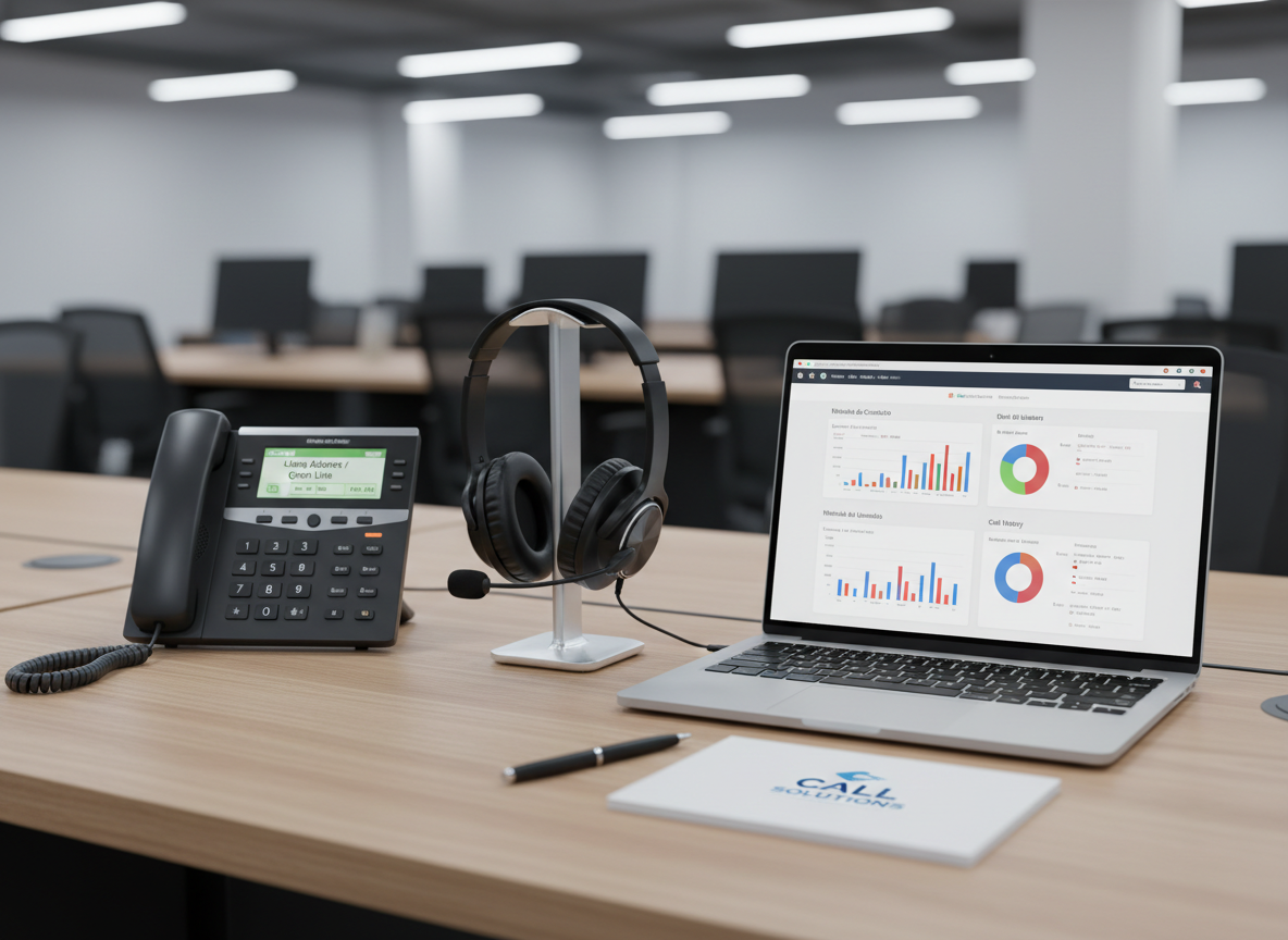 A close-up, photographic realism scene of a high-quality call center workstation with no person present, featuring a matte black IP phone with a glowing green display, a neatly coiled cord, and a premium noise-canceling headset resting on a stand. Beside it, a thin silver laptop shows an open CRM interface in Spanish and English, with charts and contact details in sharp focus. The desk surface is a light oak texture, uncluttered except for a small branded notepad and pen. Cool, focused overhead lighting creates crisp highlights on the devices and soft shadows beneath them. Captured from a three-quarter angle with shallow depth of field, the background fades into a softly blurred hint of other workstations, creating a precise, efficient, and reliable mood.