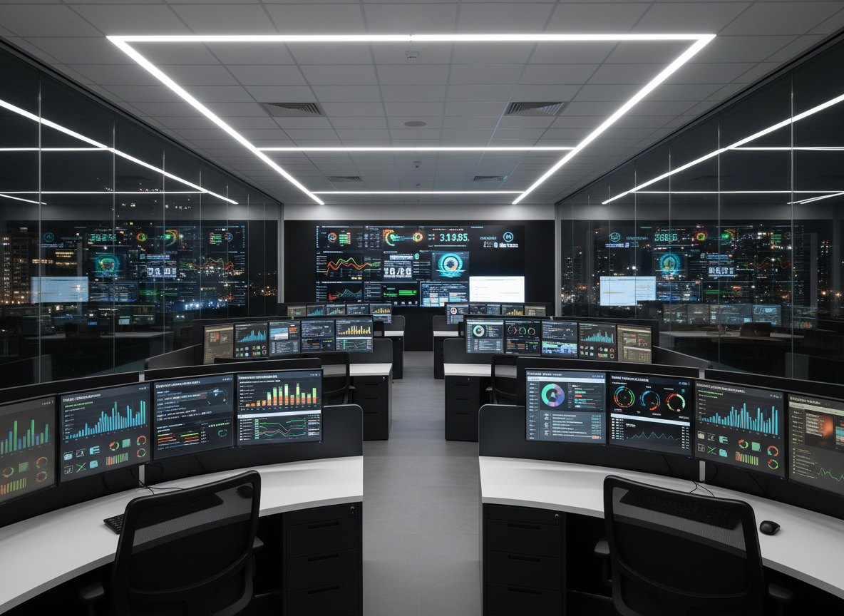 A modern call center operations control room without any people, featuring multiple sleek black-and-silver computer workstations arranged in curved rows. Each station has dual widescreen monitors showing colorful dashboards, call metrics, and customer service interfaces in Spanish and English. The space is enclosed by glass walls with a blurred city skyline beyond. Cool, even LED ceiling lighting creates a clean, professional glow with minimal shadows, emphasizing clarity and order. Captured at eye level with a wide-angle lens, the composition leads the eye through the rows of desks toward a central large wall display. Photographic realism, with a crisp, corporate aesthetic that conveys efficiency, organization, and high-tech outsourcing services.