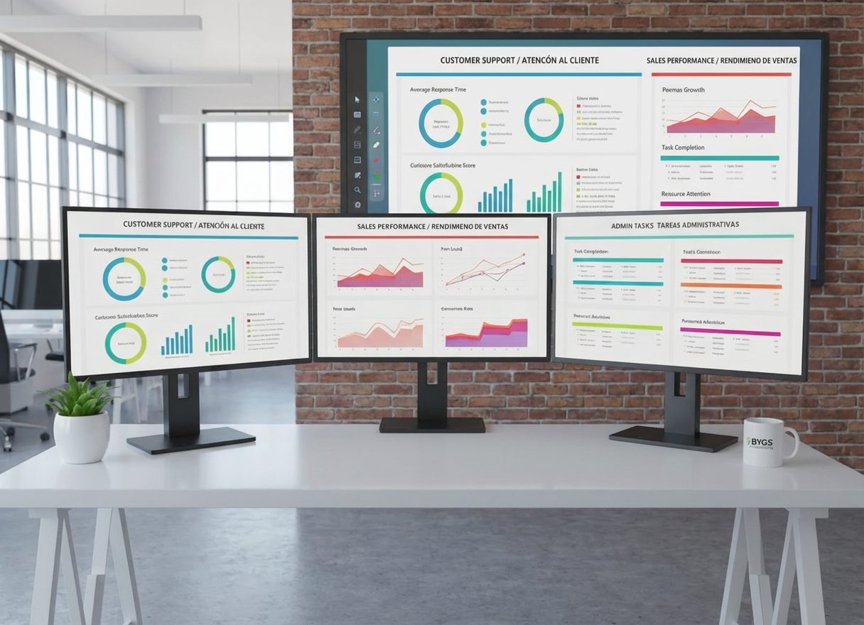 An organized remote staffing operations dashboard displayed across three ultra-wide monitors on a minimalist white desk, with no people present. The screens show colorful analytics for customer support, sales performance, and administrative task completion, with clear labels in Spanish and English. A small plant in a simple white pot and a discreet branded BYGS Outsourcing coffee mug add subtle warmth. The workspace is set against a neutral gray wall with a faint reflection of the screens. Soft, cool studio lighting from the side creates gentle gradients and a professional atmosphere. Photographic realism from a slightly elevated angle, with sharp focus throughout, emphasizes transparency, control, and the efficiency of outsourced staff management.