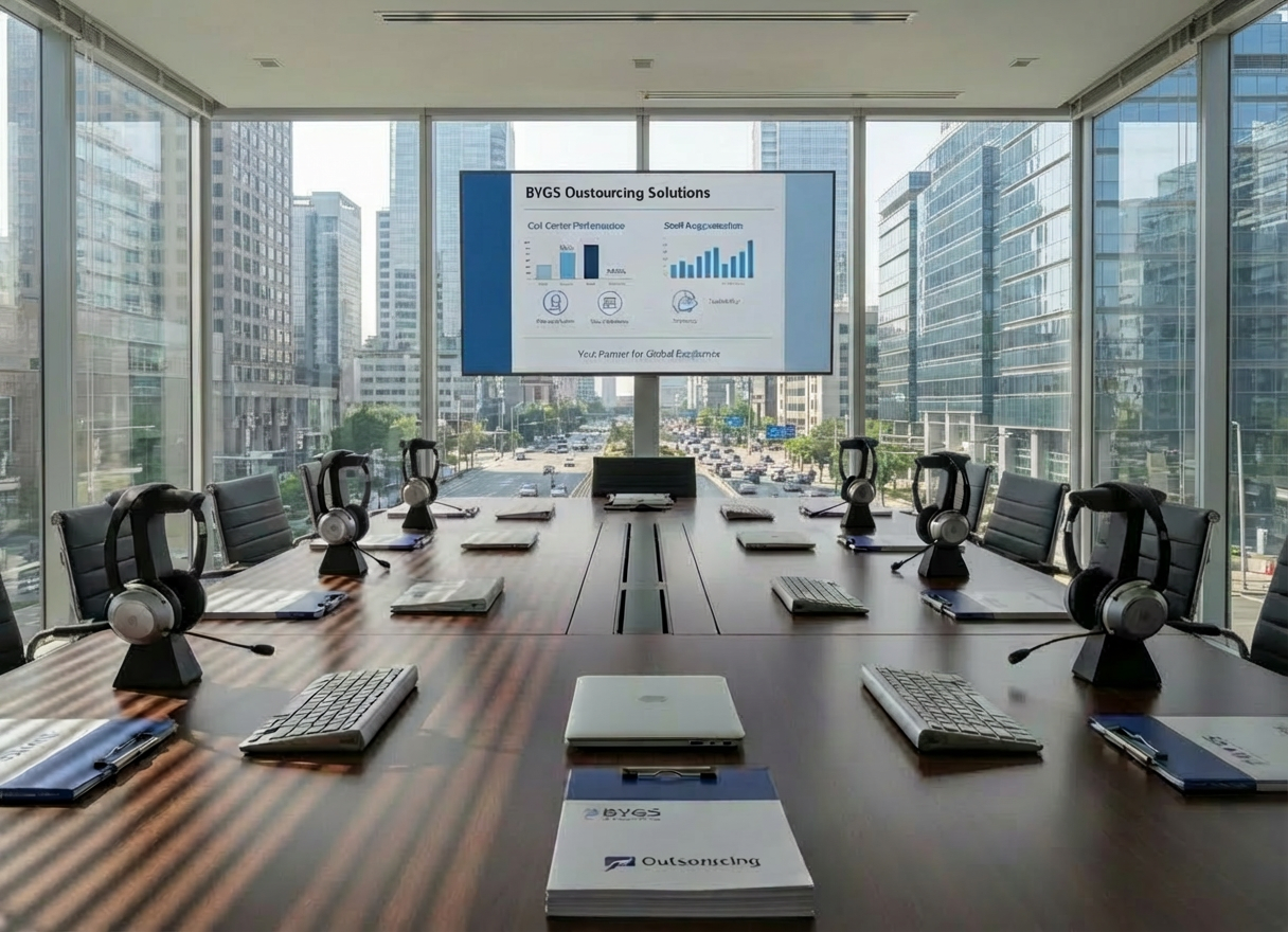 A polished meeting table in a glass-walled conference room, neatly arranged with branded blue and white folders labeled “BYGS Outsourcing,” noise-canceling headsets, ergonomic keyboards, and slim silver laptops resting in sleep mode. A large screen at the far end displays a clean infographic about call center performance and staff outsourcing solutions. Soft, diffused daylight filters through blinds, creating gentle linear patterns on the table’s wood veneer. The atmosphere is calm, organized, and highly professional. Shot from a slightly elevated angle using photographic realism, the composition uses the rule of thirds to balance the table foreground with the presentation screen, reinforcing a sense of strategic planning and reliable business partnership.
