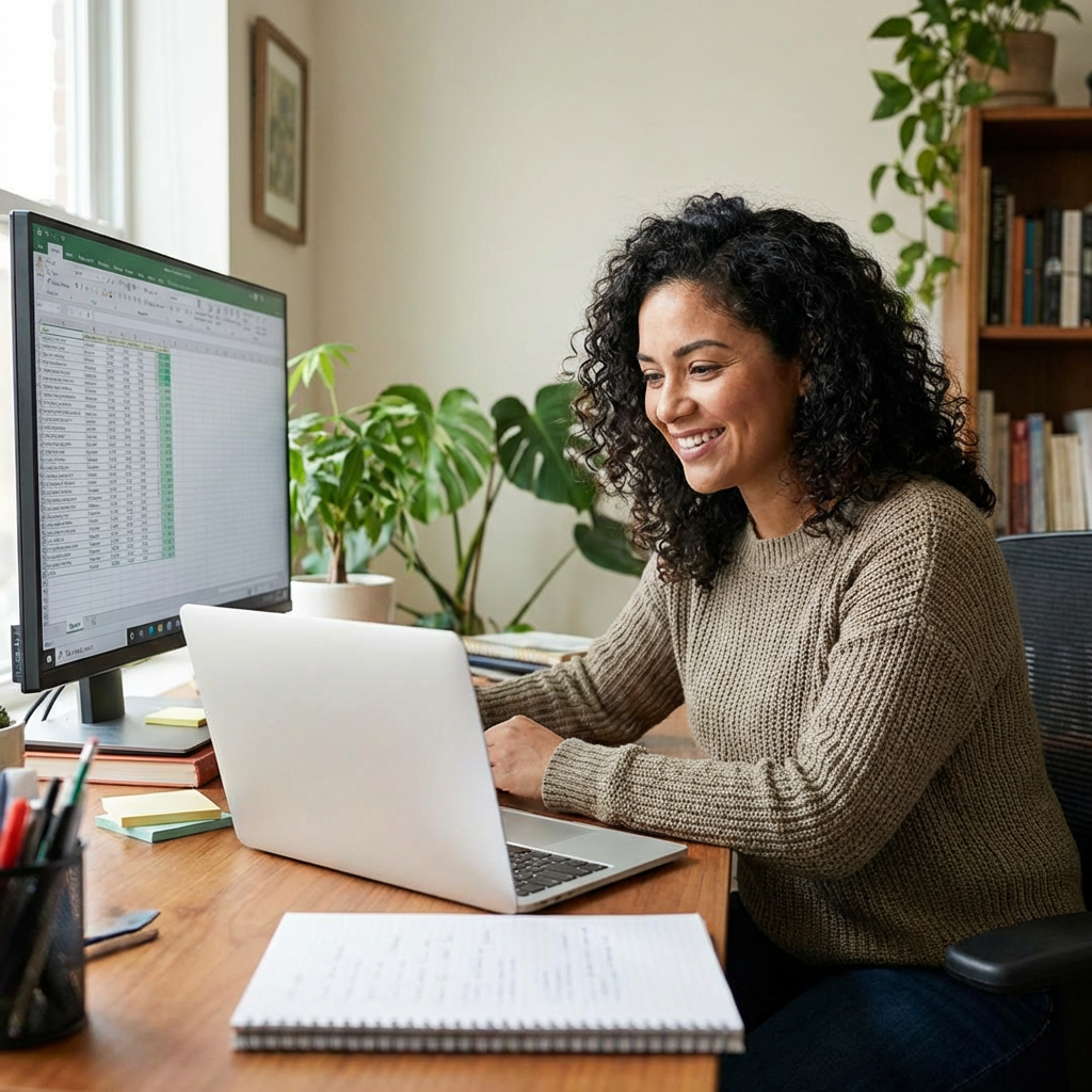 A smiling woman working on a laptop at a desk with a monitor and plants