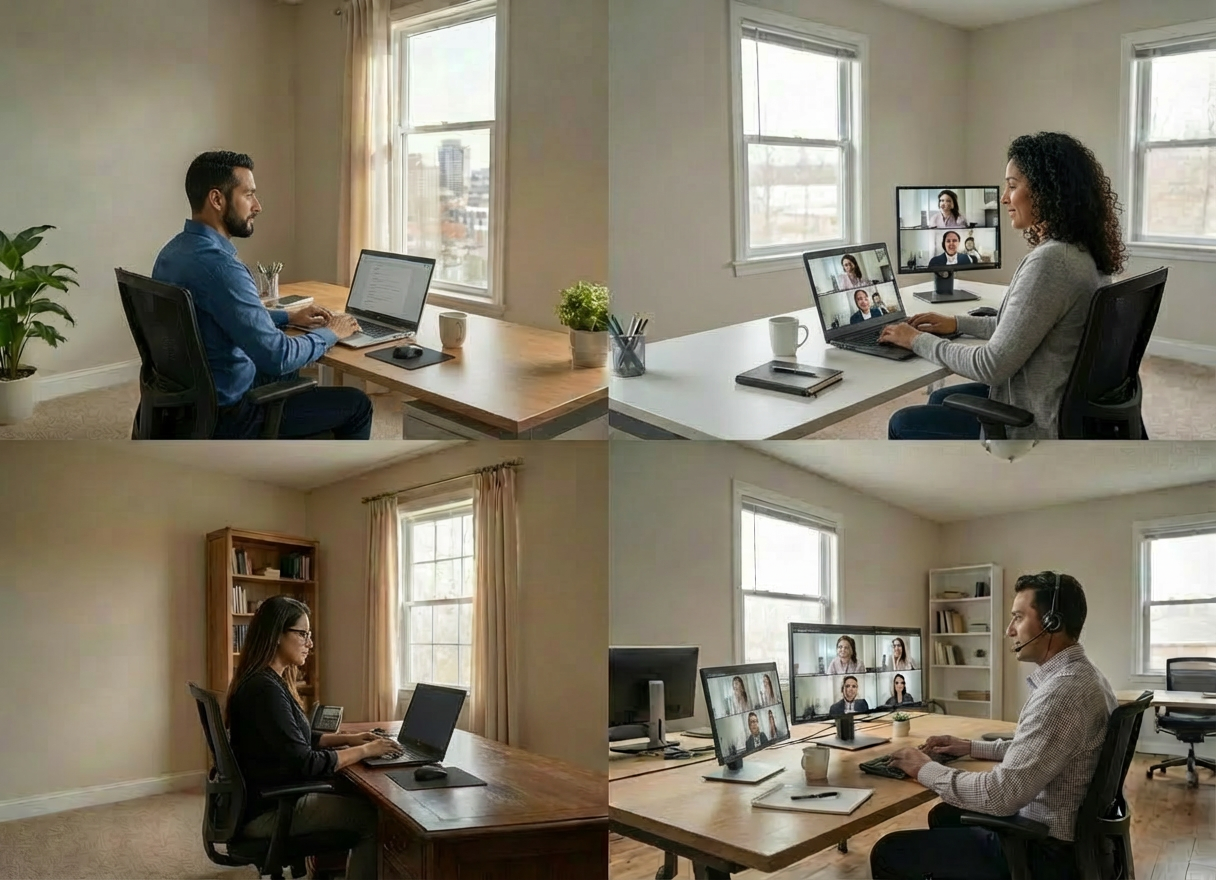 A modern call center operations control room without any people, featuring multiple sleek black-and-silver computer workstations arranged in curved rows. Each station has dual widescreen monitors showing colorful dashboards, call metrics, and customer service interfaces in Spanish and English. The space is enclosed by glass walls with a blurred city skyline beyond. Cool, even LED ceiling lighting creates a clean, professional glow with minimal shadows, emphasizing clarity and order. Captured at eye level with a wide-angle lens, the composition leads the eye through the rows of desks toward a central large wall display. Photographic realism, with a crisp, corporate aesthetic that conveys efficiency, organization, and high-tech outsourcing services.