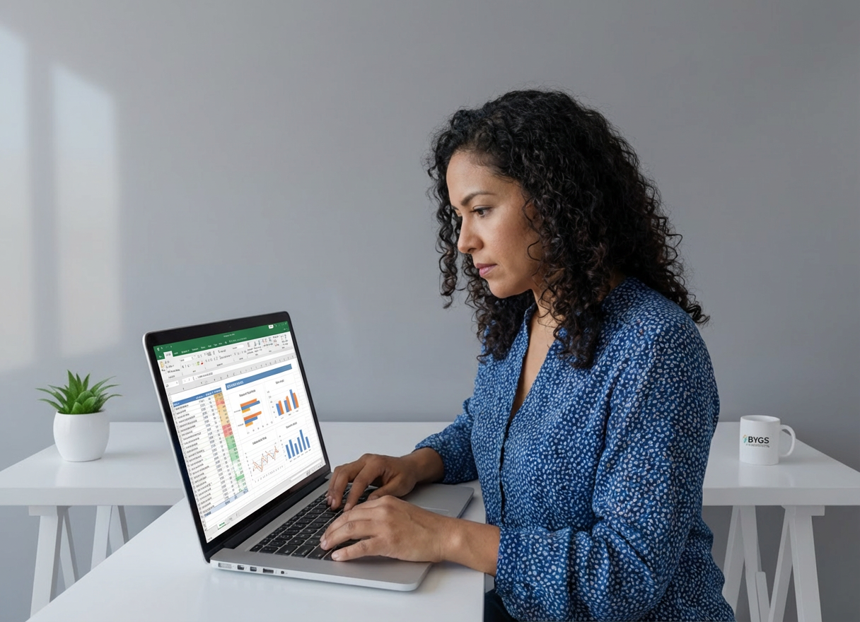 Professional woman using a laptop to analyze data spreadsheets and visual charts.