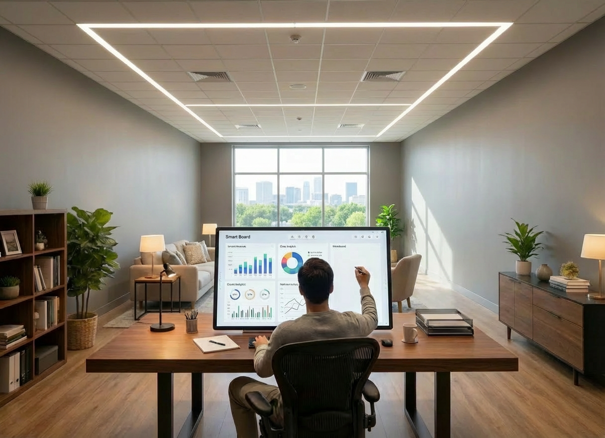 A modern call center operations control room without any people, featuring multiple sleek black-and-silver computer workstations arranged in curved rows. Each station has dual widescreen monitors showing colorful dashboards, call metrics, and customer service interfaces in Spanish and English. The space is enclosed by glass walls with a blurred city skyline beyond. Cool, even LED ceiling lighting creates a clean, professional glow with minimal shadows, emphasizing clarity and order. Captured at eye level with a wide-angle lens, the composition leads the eye through the rows of desks toward a central large wall display. Photographic realism, with a crisp, corporate aesthetic that conveys efficiency, organization, and high-tech outsourcing services.